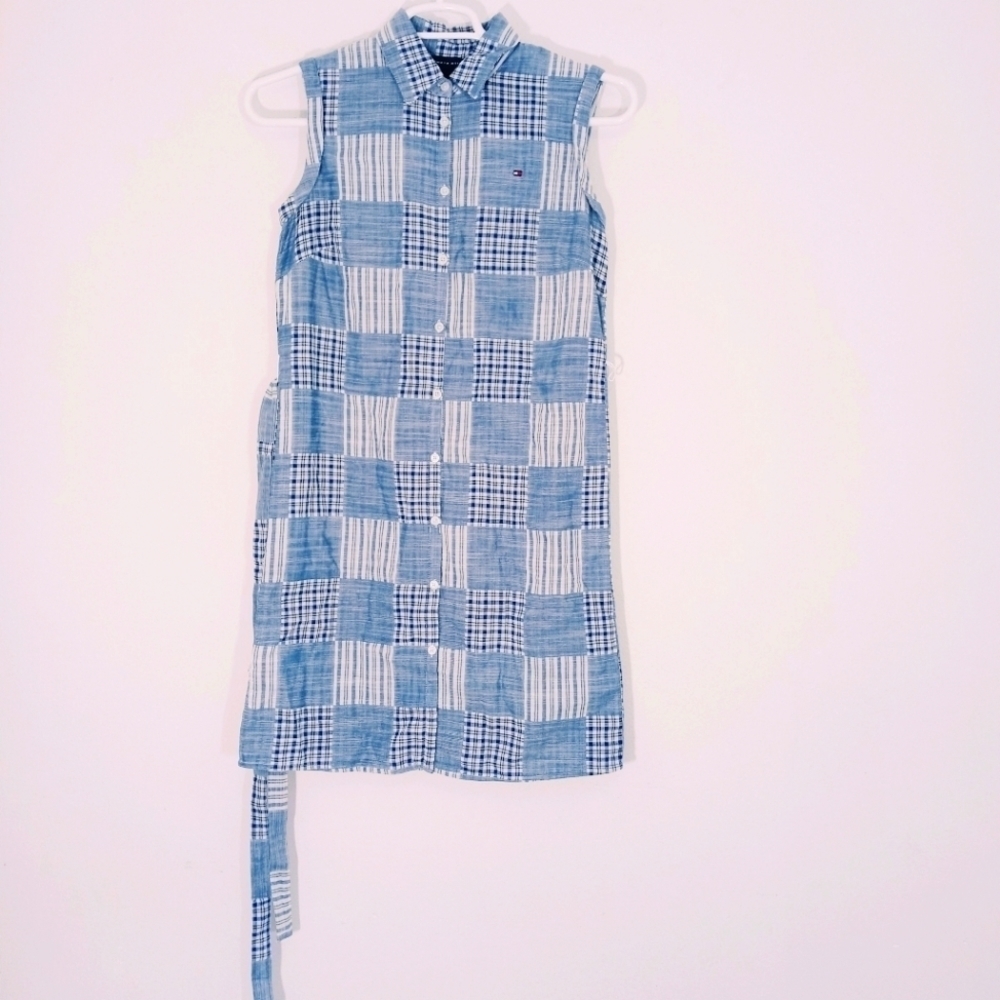 Tommy Hilfiger Sleeveless Self Tie Waist Band‎ Plaid Patch Details Dress